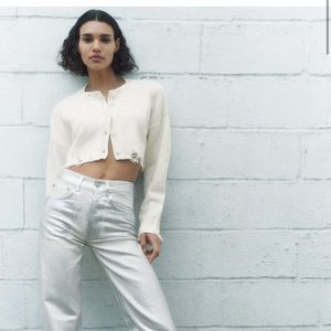 Zara RIPPED CROPPED KNIT CARDIGAN